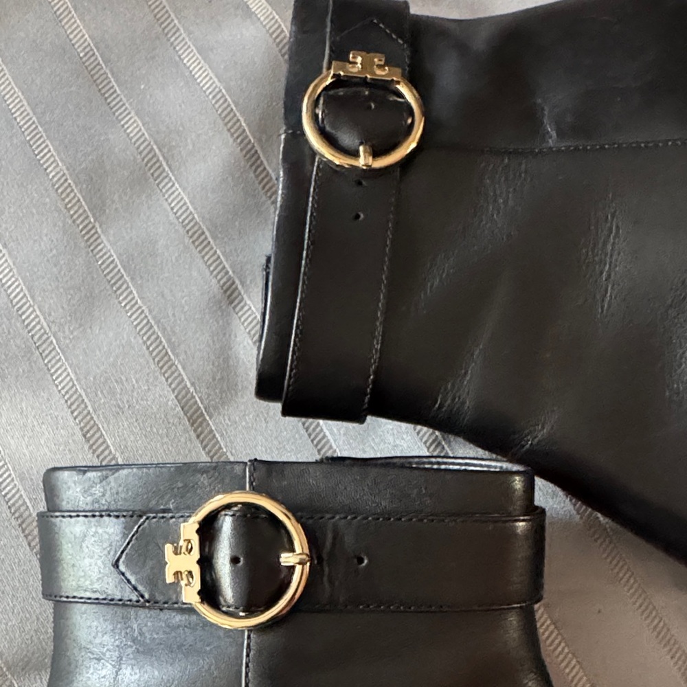 Tory Burch Sofia Dress Leather Black Leather Ankle Boots with Gold Accents - Picture 2 of 10